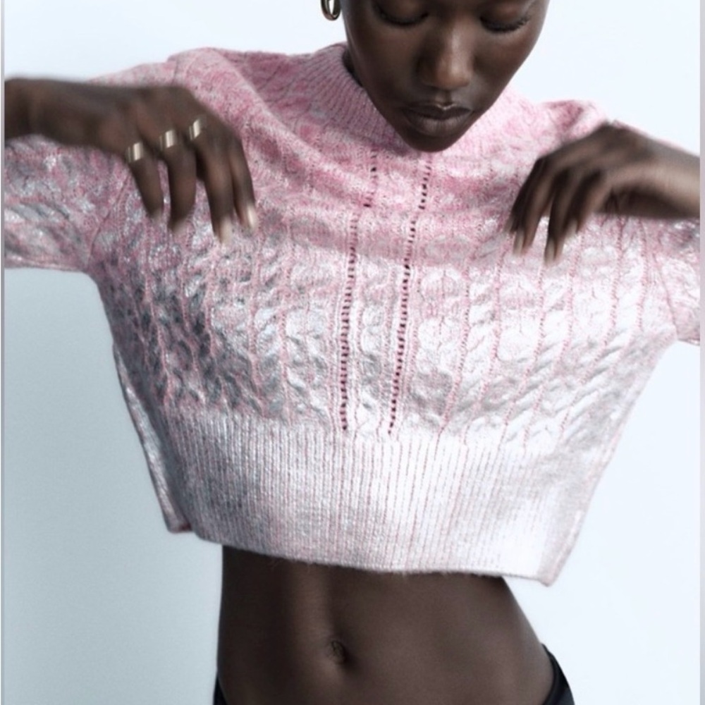 Zara Pink Metallic Cropped Cable Knit Sweater